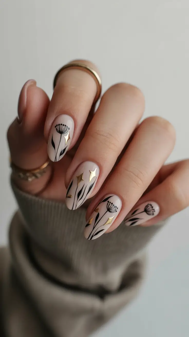 best spring nail colors 2026 Minimal Cream Base With Black Floral Line Art
