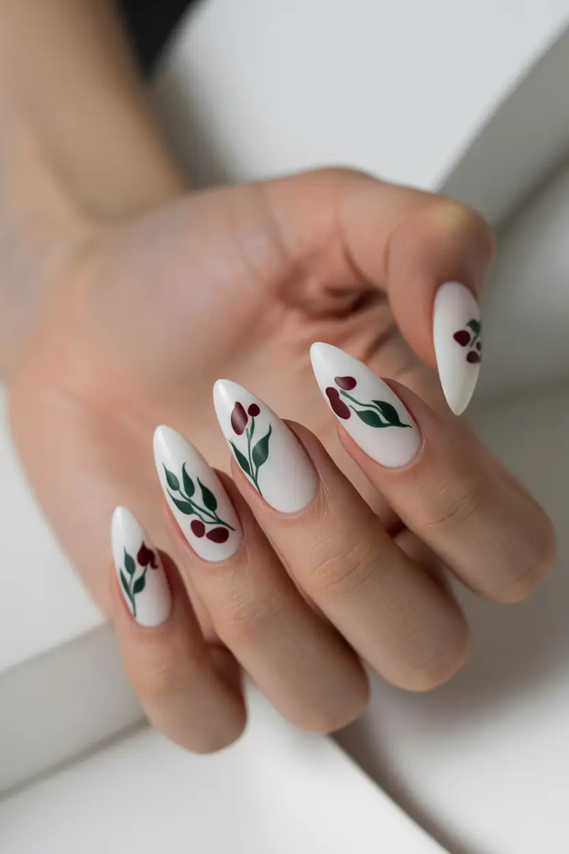 best spring nail colors 2026 White Almond Nails With Cherry and Leaf Details