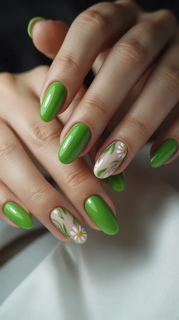 best spring nail colors 2026 Fresh Green Almond Nails With Daisy Accents