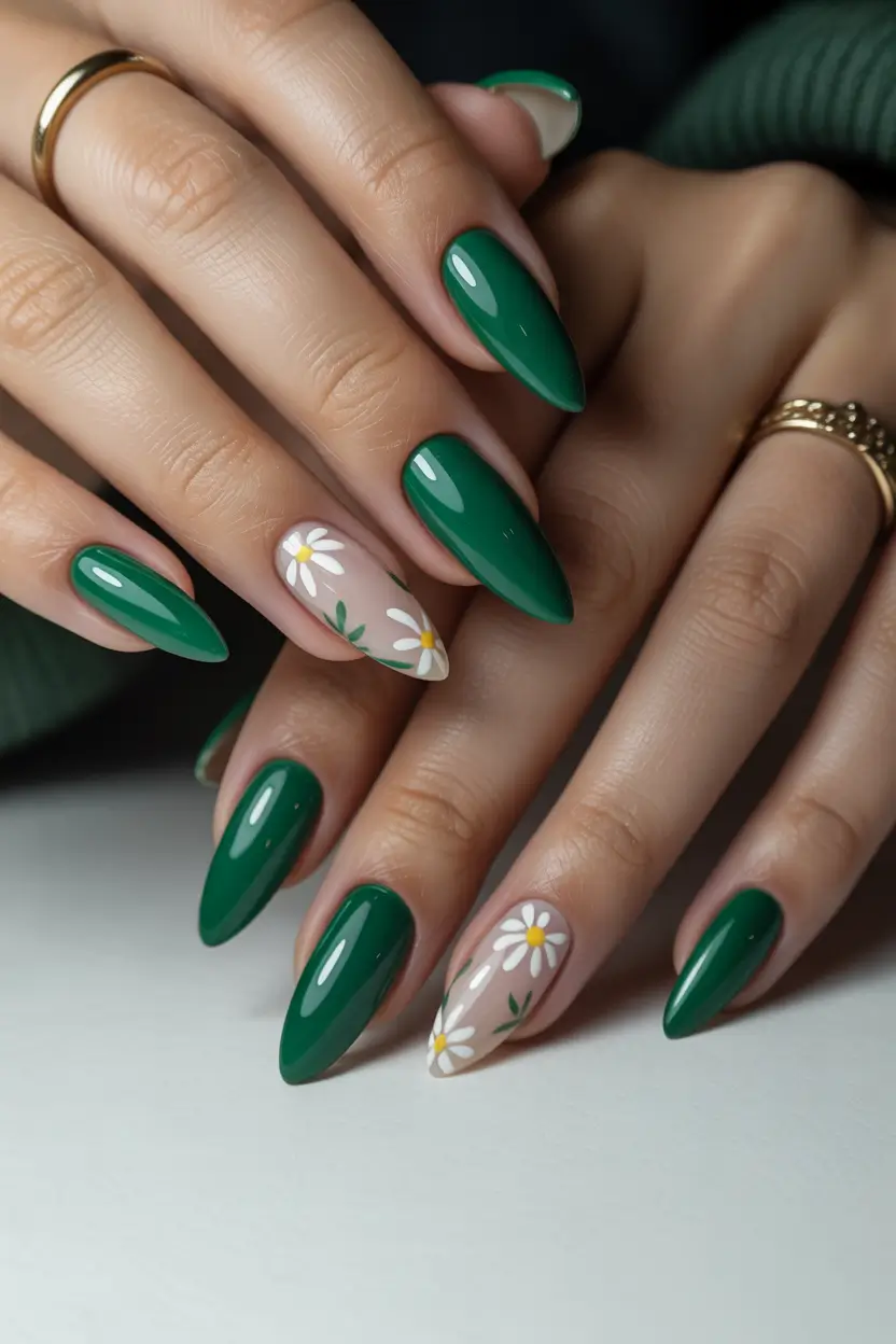 best spring nail colors 2026 Deep Emerald Green With Floral Nude Details