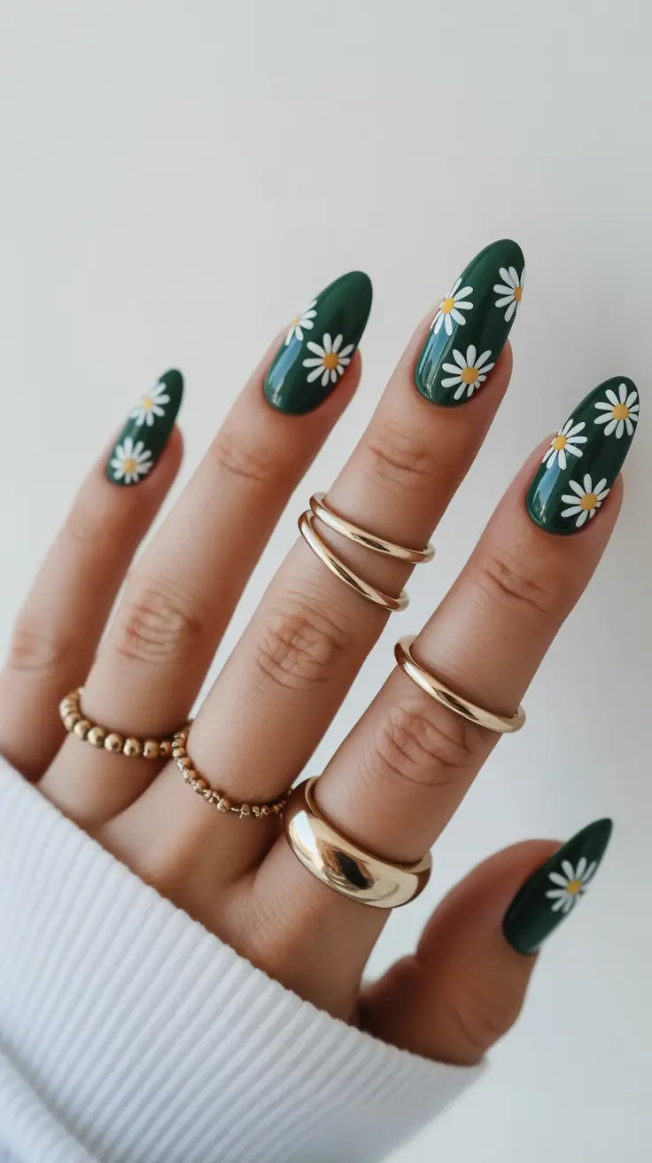 best spring nail colors 2026 Dark Green Daisy Nails With Minimalist Finish