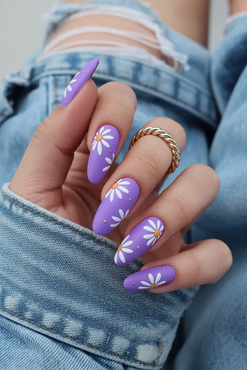 best spring nail colors 2026 Lavender Daisy Nails With Denim Mood