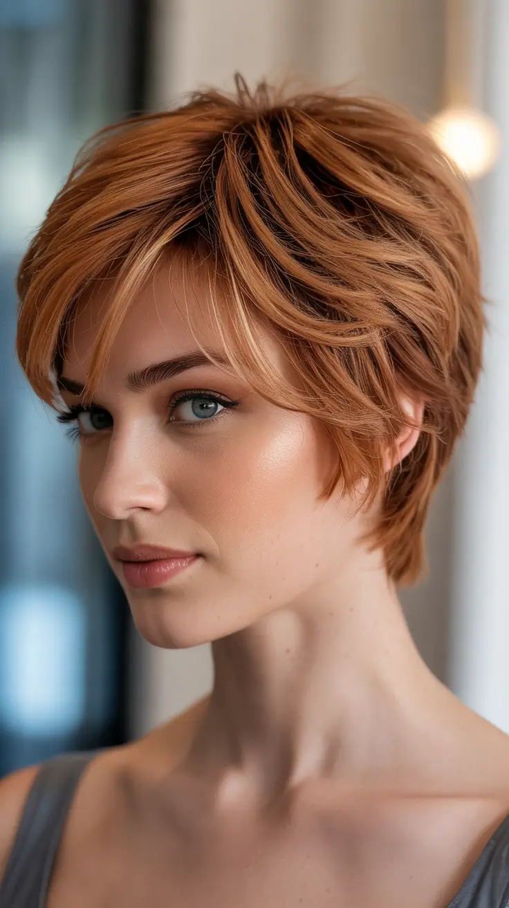 spring short Hairstyles 2026 Warm Auburn Feathered Pixie