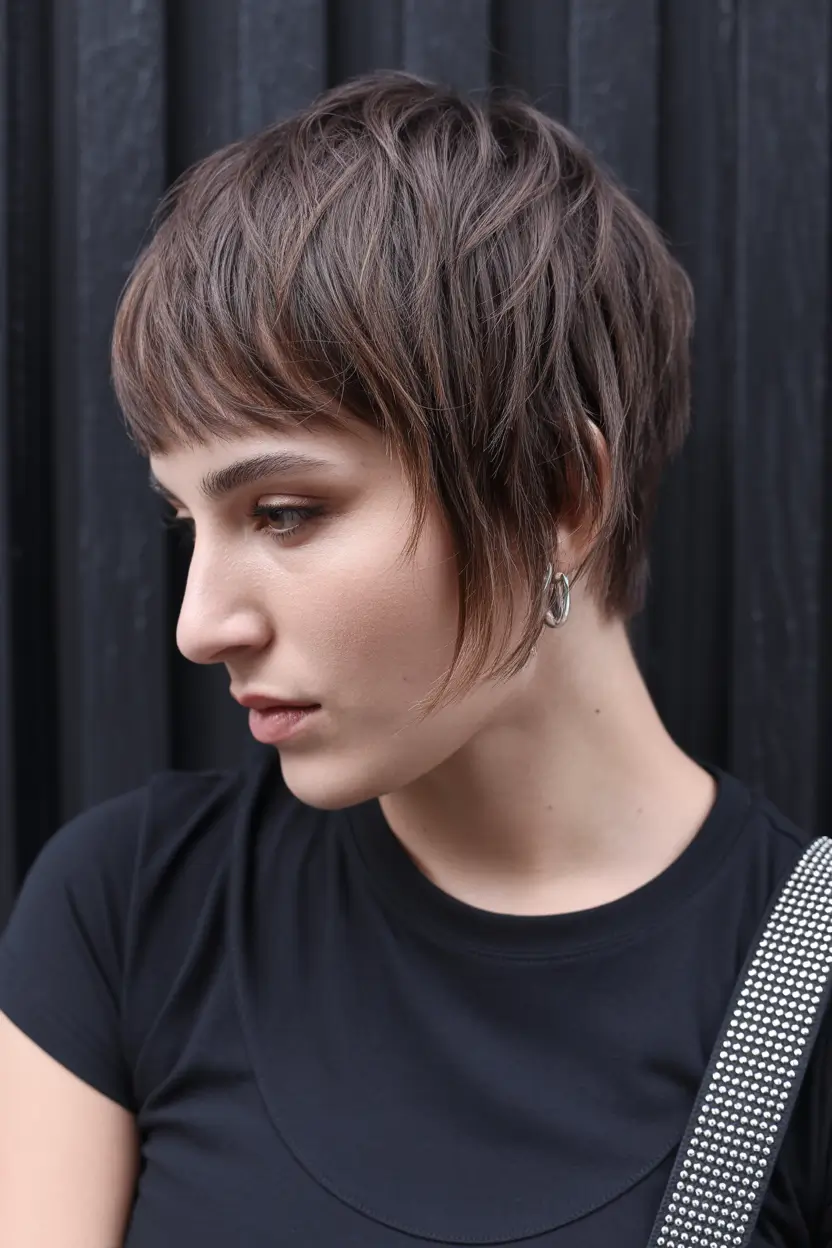 spring short Hairstyles 2026 Feathered Brunette Pixie with Soft Fringe