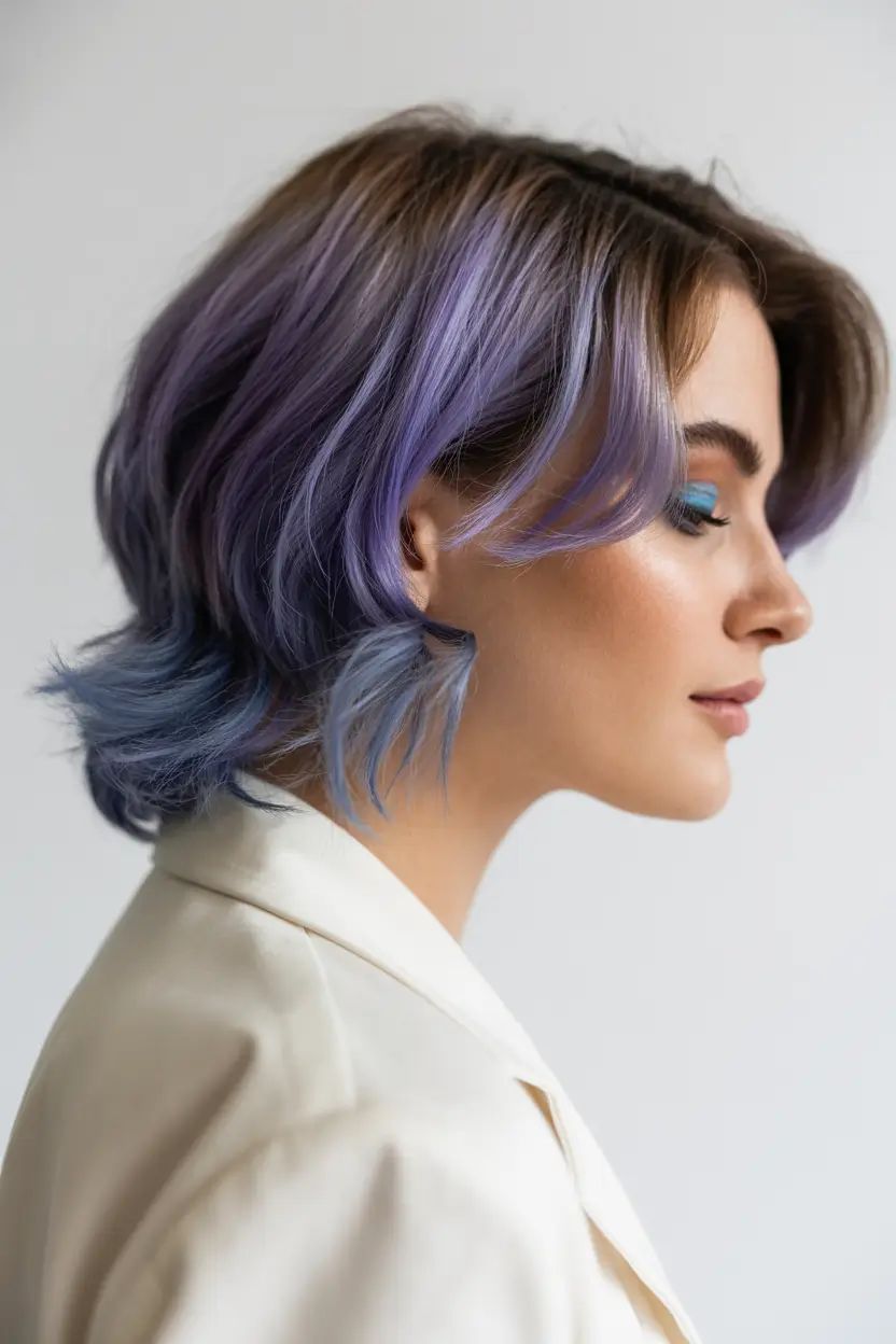 spring short Hairstyles 2026 Lavender Blue Layered Bob with Soft Flip