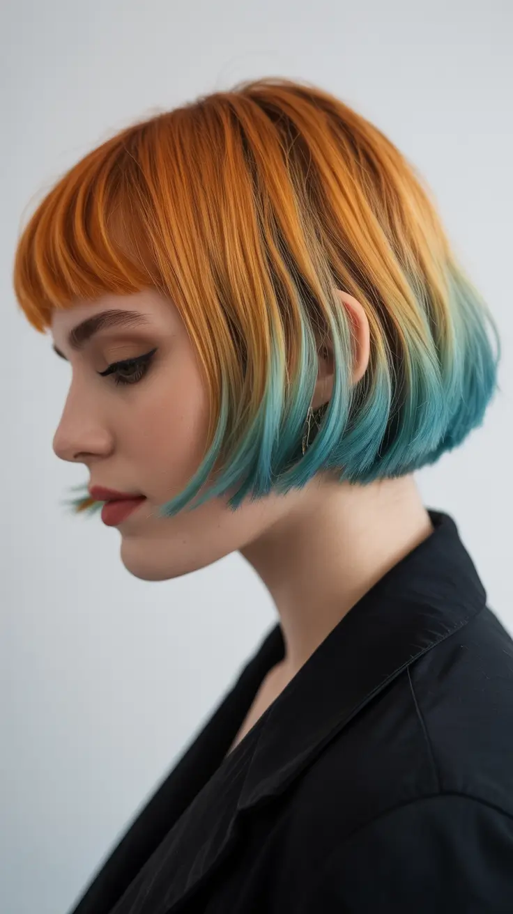 spring short Hairstyles 2026 Sunset Ombre Blunt Bob with Graphic Edge