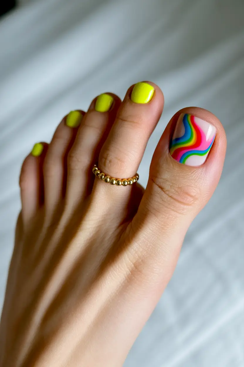 best spring toe nail color 2026 Neon Lemon Pedicure With Playful Wave Accent