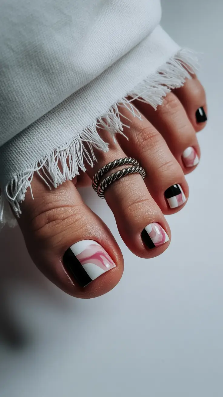 best spring toe nail color 2026 Abstract Black And White Pedicure With Soft Artistic Flow