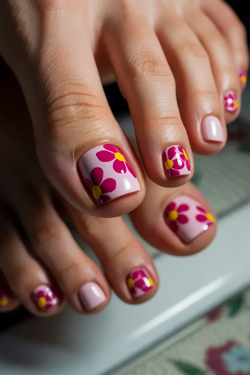 best spring toe nail color 2026 Playful Pink Floral Pedicure That Signals Early Spring Energy