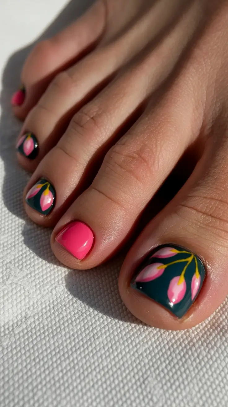 best spring toe nail color 2026 Deep Green Botanical Pedicure With Modern Contrast