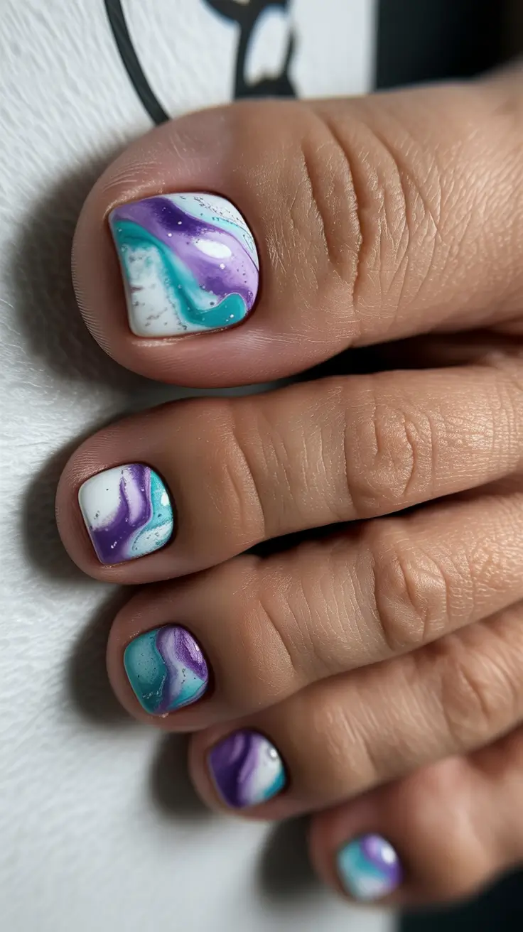 best spring toe nail color 2026 Abstract Marble Pedicure in Cool Spring Tones