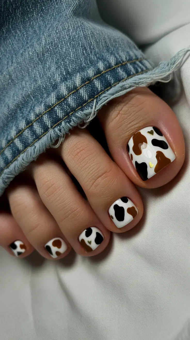 best spring toe nail color 2026 Playful Cow Print Pedicure With Fashion-Girl Attitude