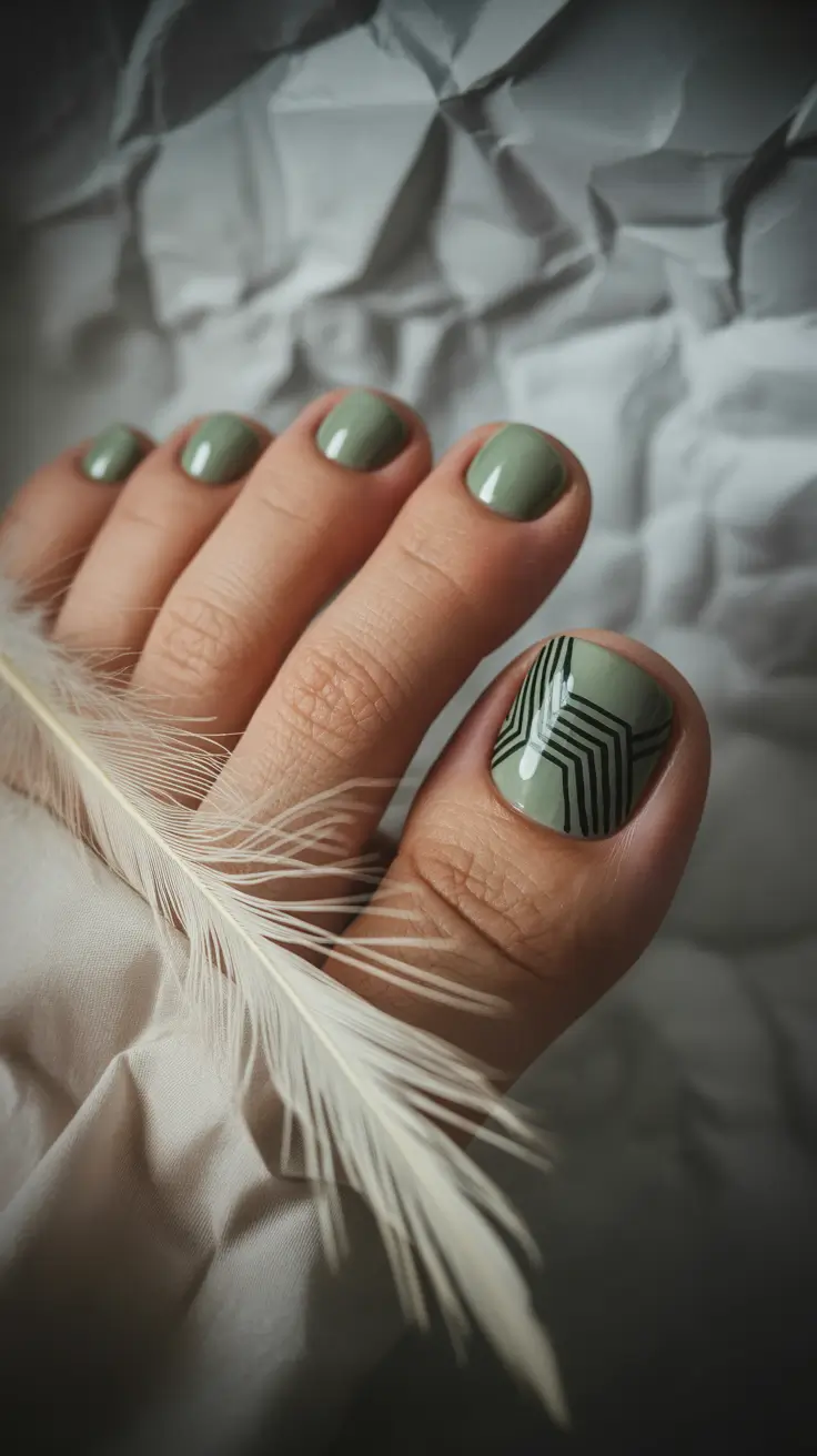 best spring toe nail color 2026 Muted Sage Green Pedicure With Graphic Modern Lines