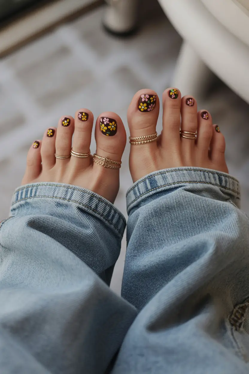 best spring toe nail color 2026 Playful Retro Blossoms - Cute Spring Pedicures Full of Personality