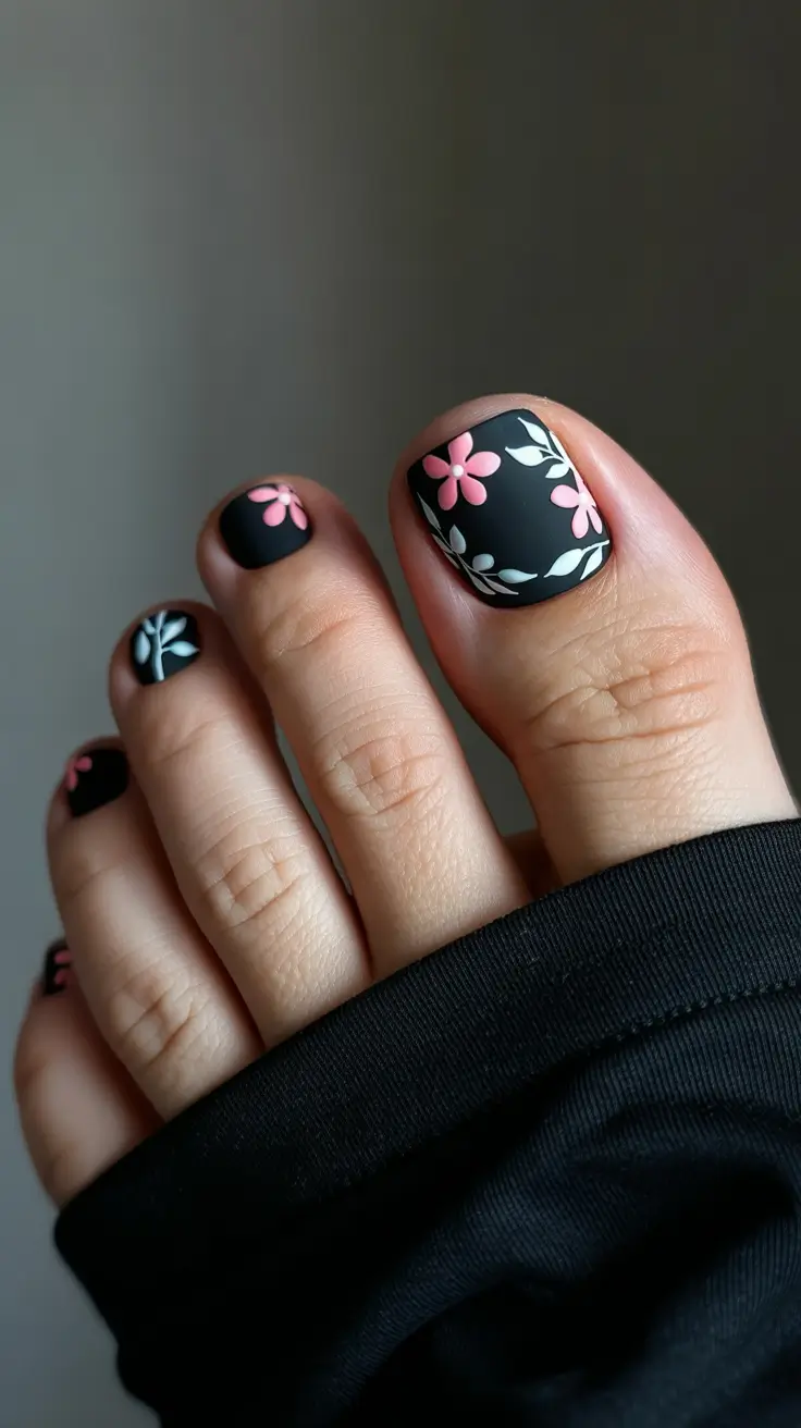 best spring toe nail color 2026 Matte Black Floral Pedicure With Soft Spring Contrast