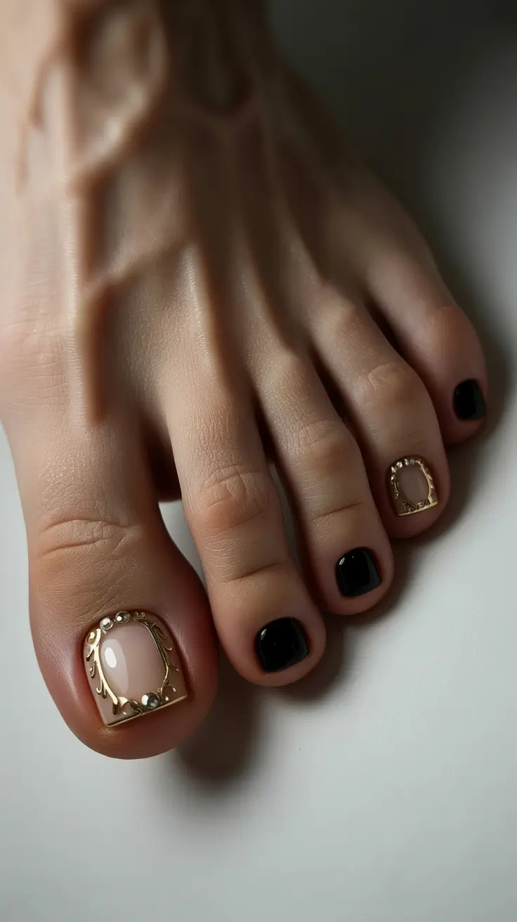 best spring toe nail color 2026 Minimal Black And Gold Pedicure With Elegant Edge