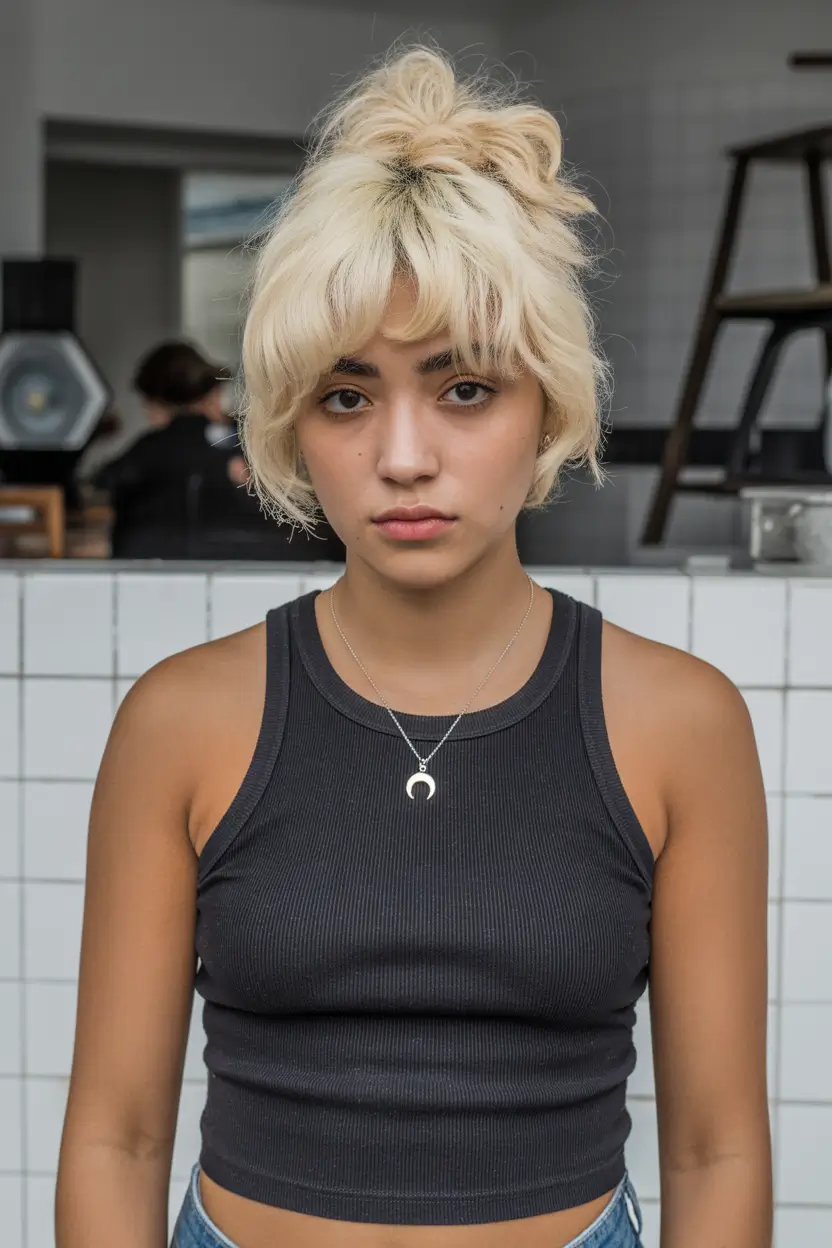 spring bangs hairstyle 2026 Messy Short Shag with Micro Bangs