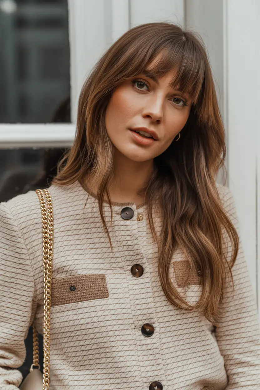 spring bangs hairstyle 2026 Soft Chocolate Curtain Bangs with Everyday Elegance