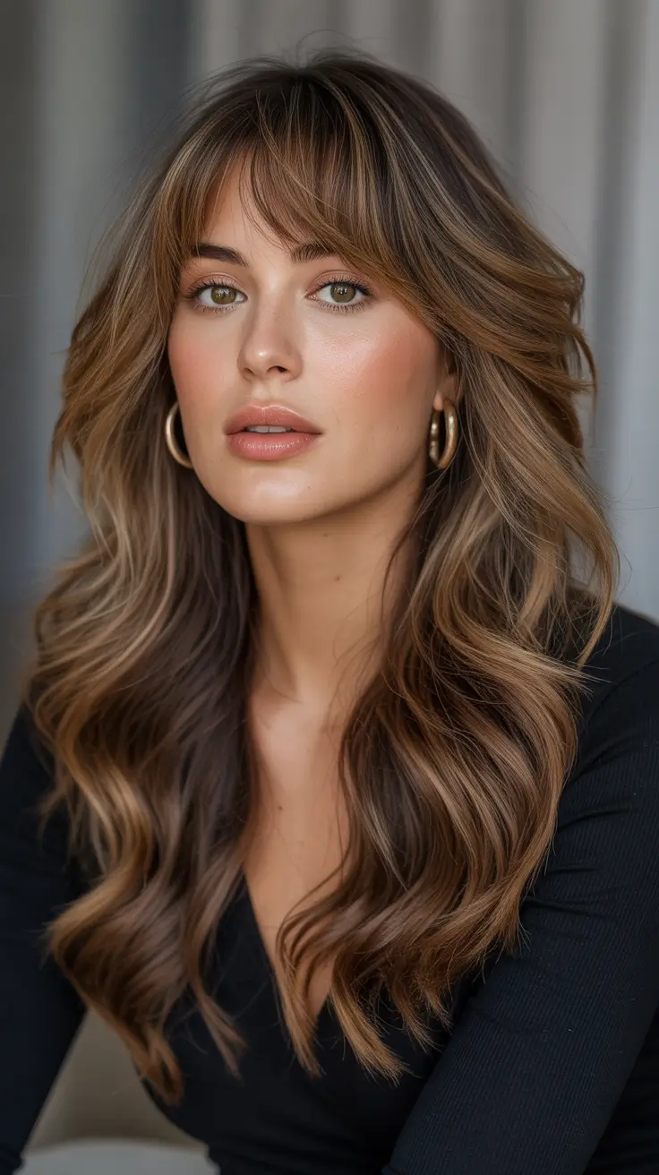 spring bangs hairstyle 2026 Feathered Long Curtain Bangs with Dimensional Waves