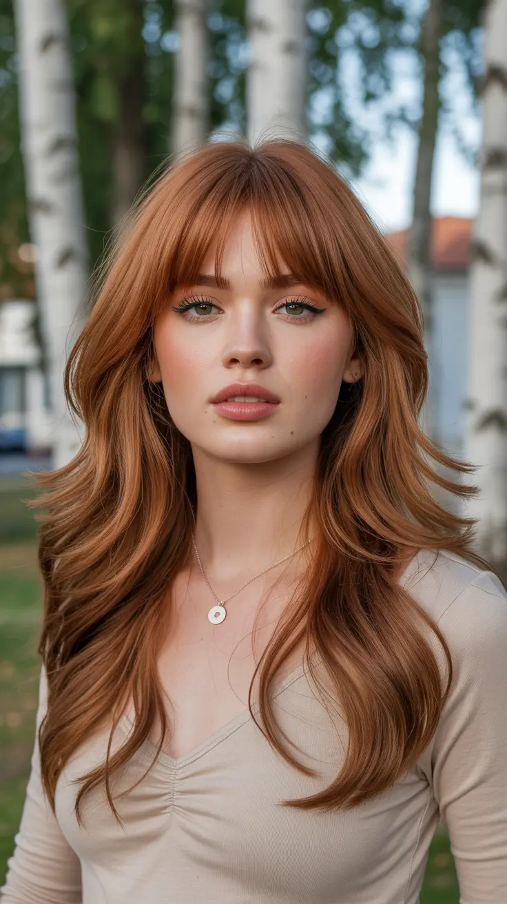 spring bangs hairstyle 2026 Warm Copper Wispy Bangs with Natural Flow