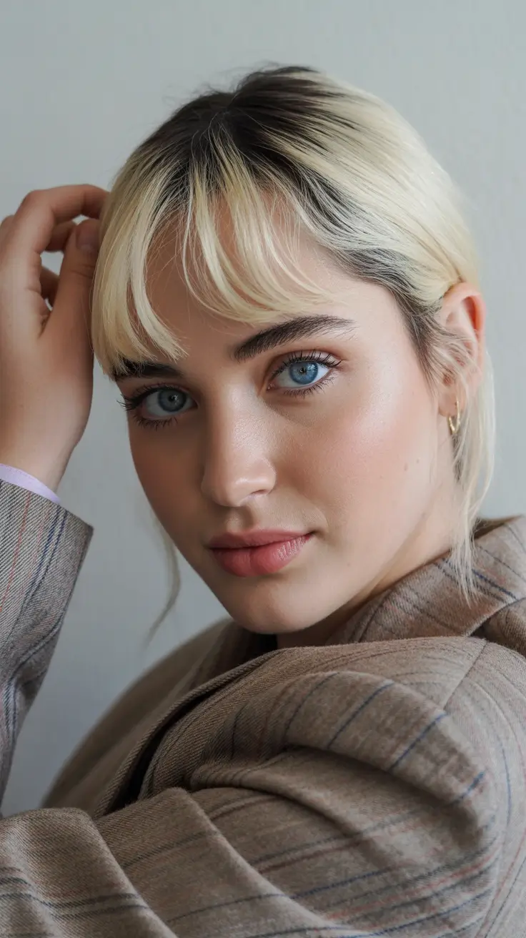 spring bangs hairstyle 2026 Platinum Short Bangs with Graphic Precision