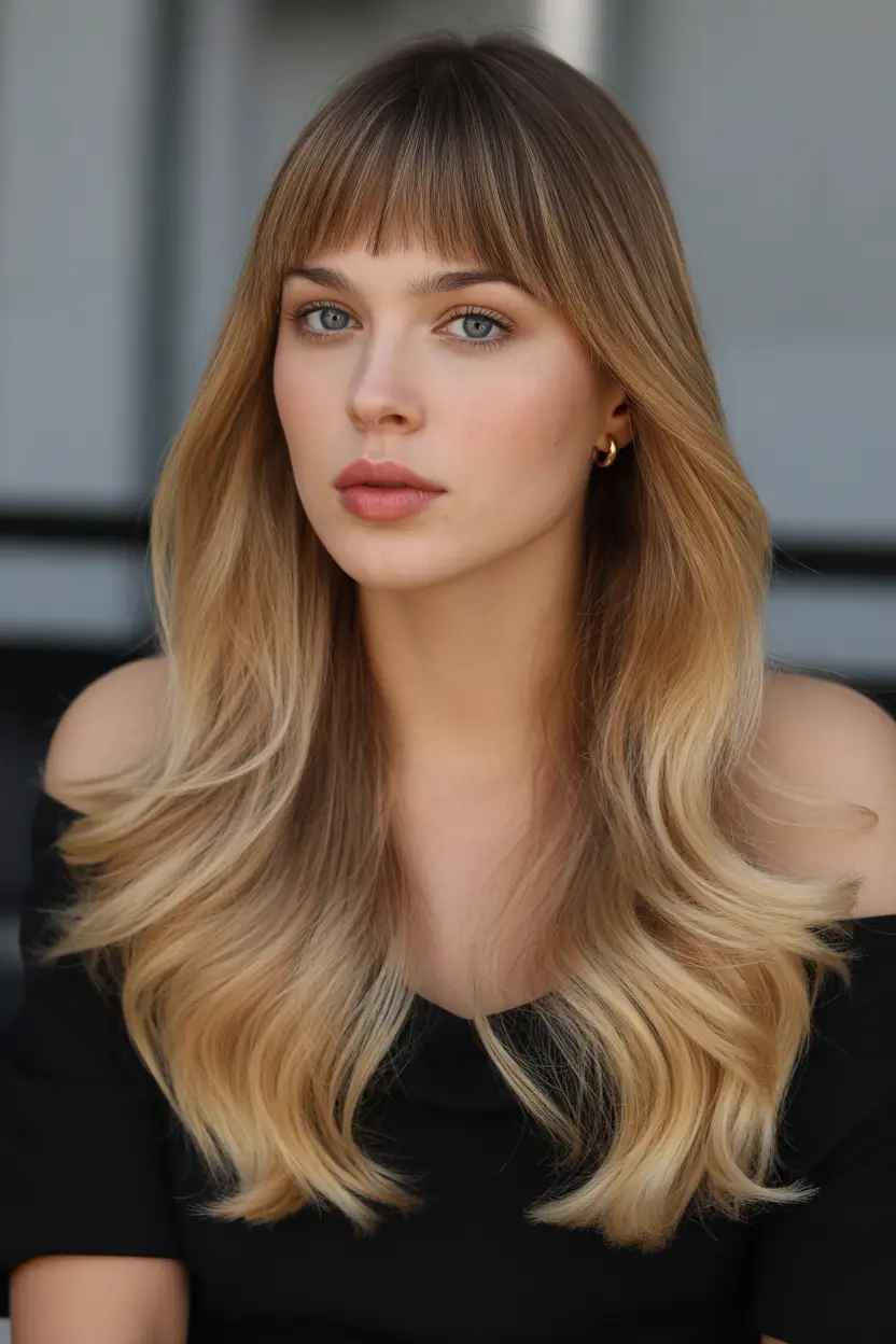 spring bangs hairstyle 2026 Full Fringe with Warm Blonde Gradient