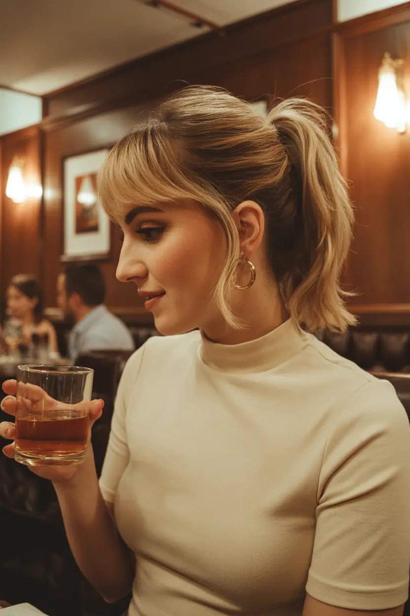 spring bangs hairstyle 2026 Playful Ponytail with Wispy Fringe