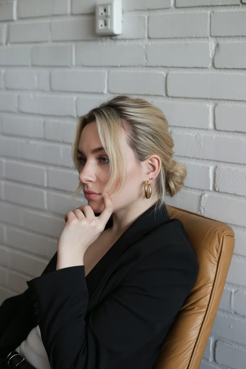 spring bangs hairstyle 2026 Minimal Low Bun with Long Curtain Bangs