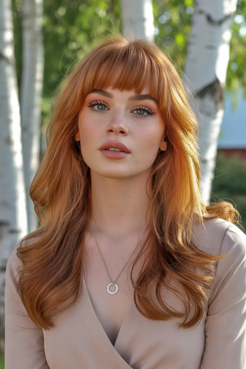 spring bangs hairstyle 2026 Classic Red Layers with Full Bangs