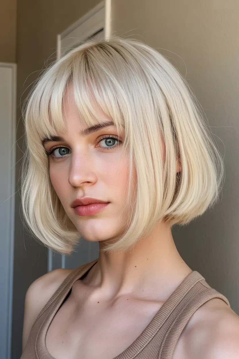spring french bob haircut 2026 Soft Vanilla Bob with Full Fringe