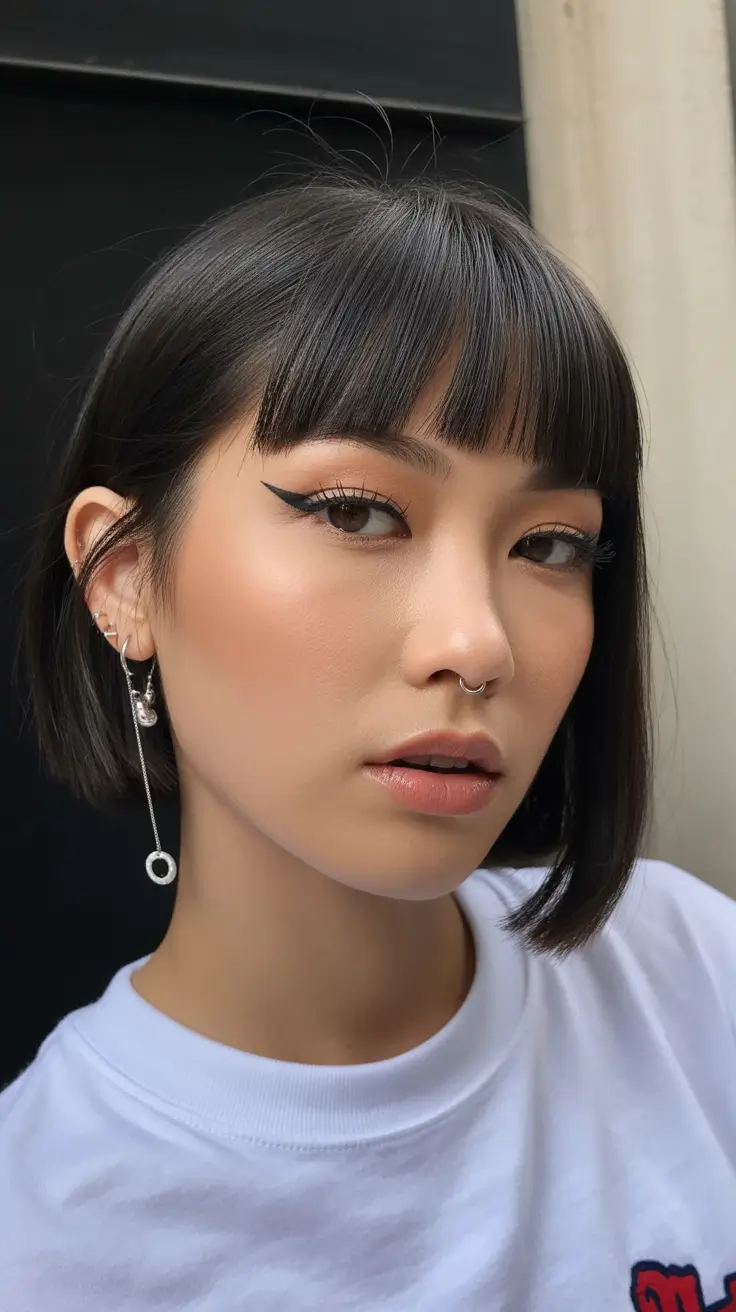 spring french bob haircut 2026 Sleek Jet Black French Bob with Graphic Bangs