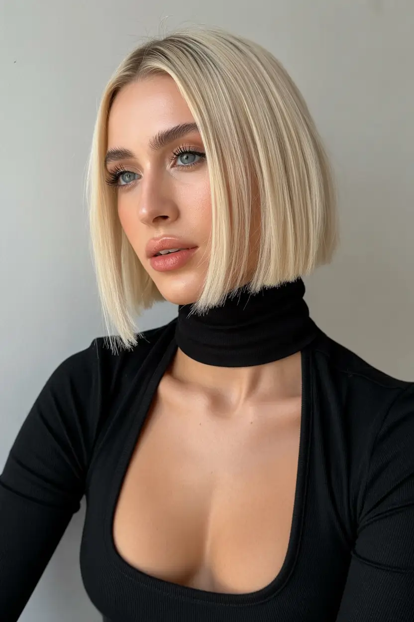 spring french bob haircut 2026 Cool Platinum Precision with Modern Elegance