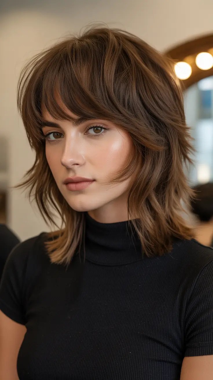 spring mid length haircut 2026 Layered Brunette Shag With Wispy Fringe
