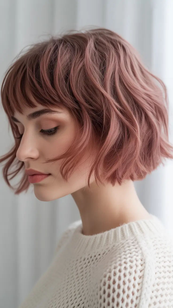spring mid length haircut 2026 Soft Rose Textured Bob With Micro Fringe