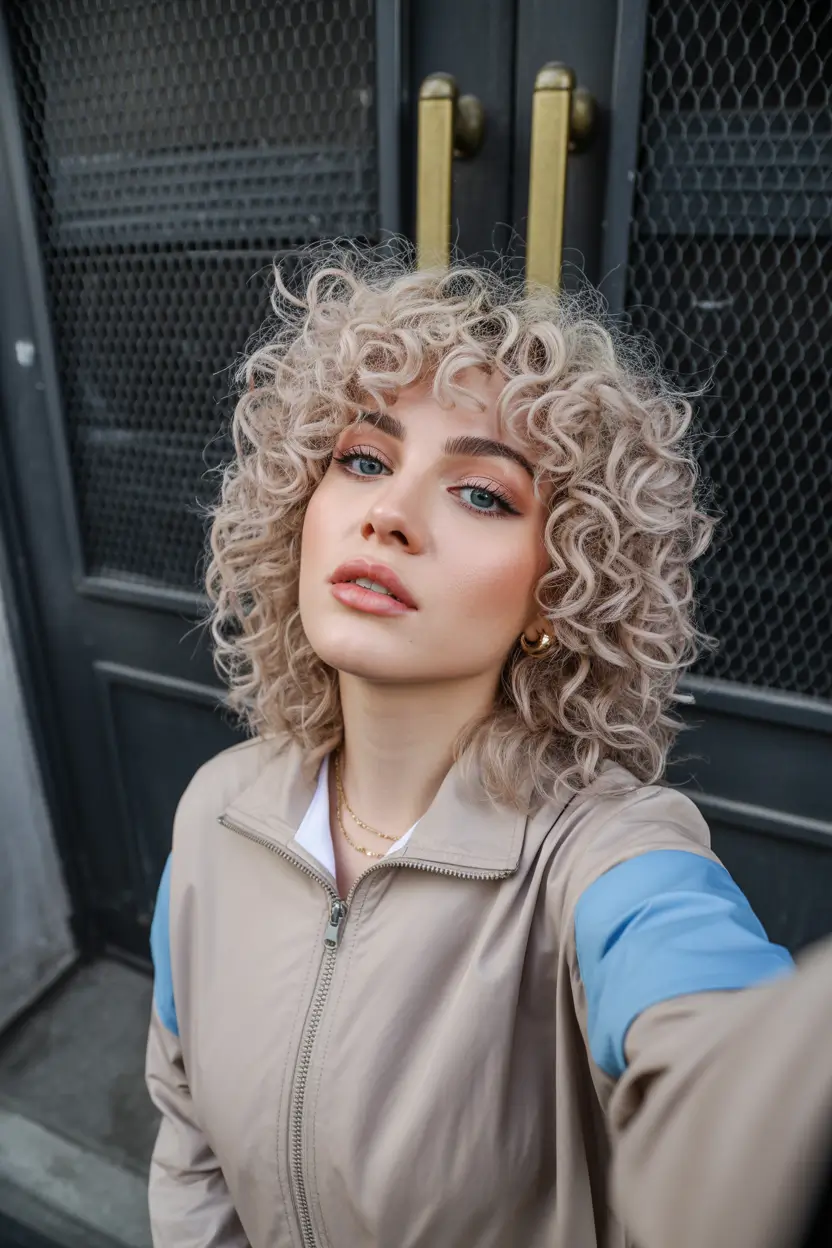 spring mid length haircut 2026 Voluminous Platinum Curls With Defined Shape