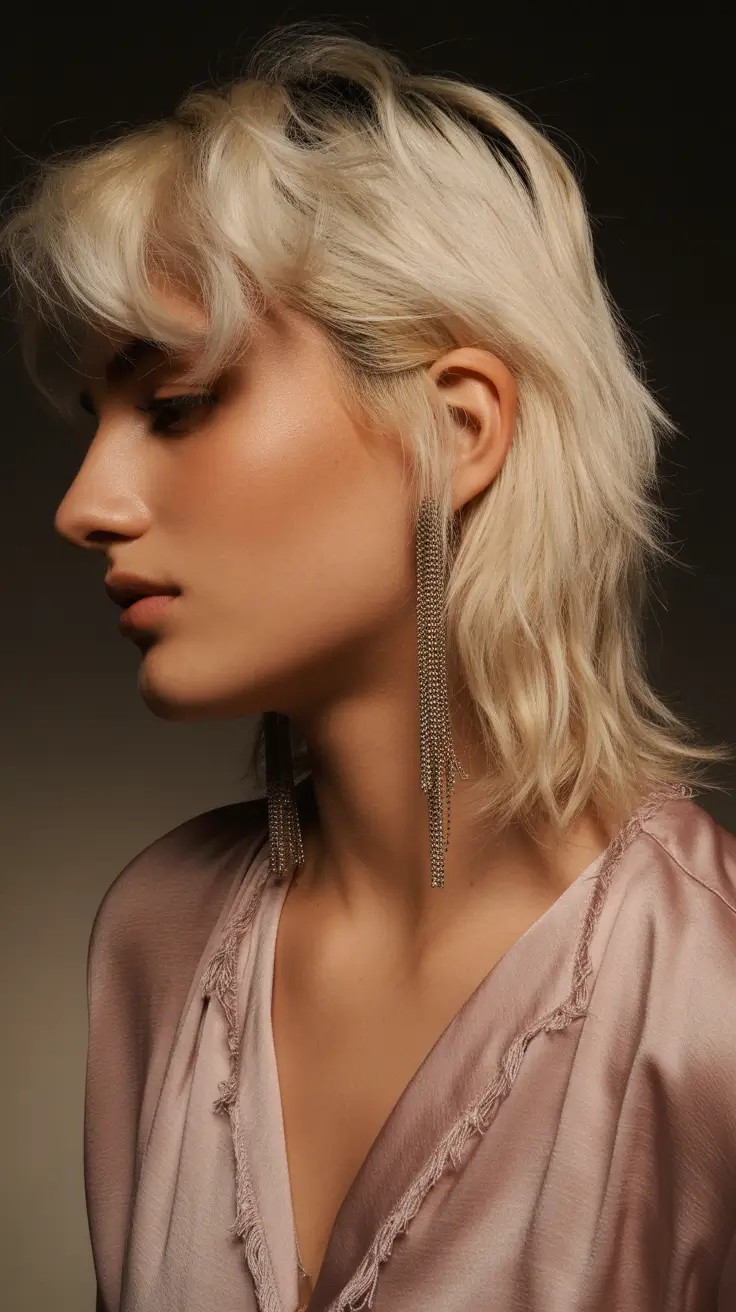spring mid length haircut 2026 Feathered Platinum Shag with Wispy Fringe