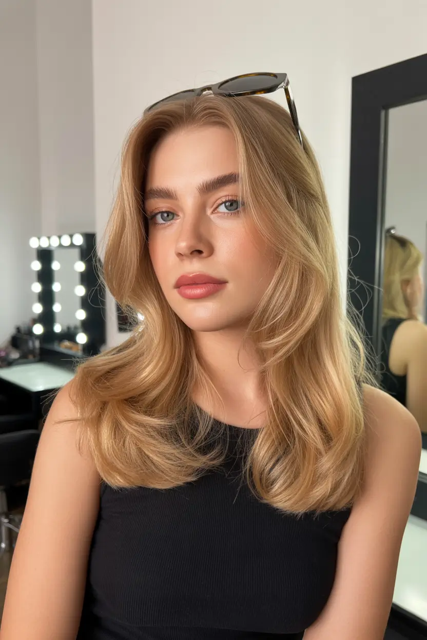 spring mid length haircut 2026 Golden Layered Blowout with Soft Face Framing