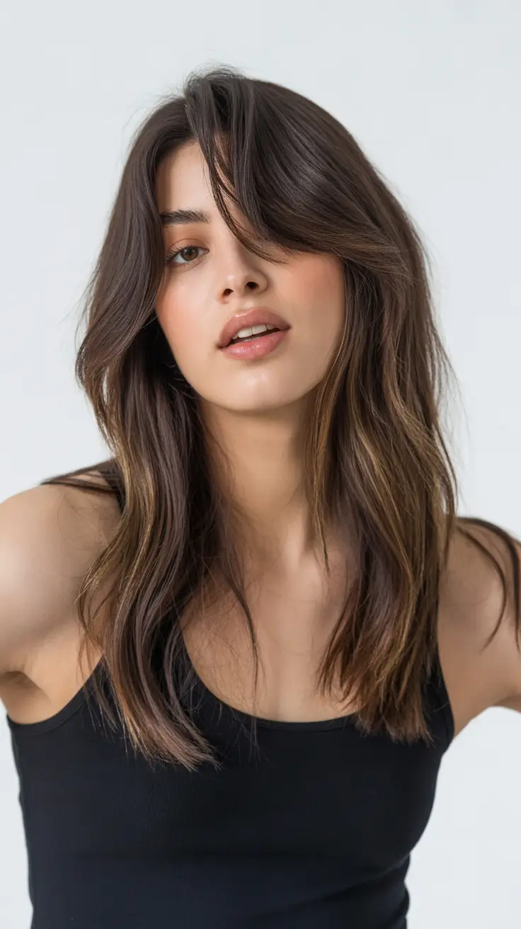 spring mid length haircut 2026 Effortless Brunette Layers with Side Sweep