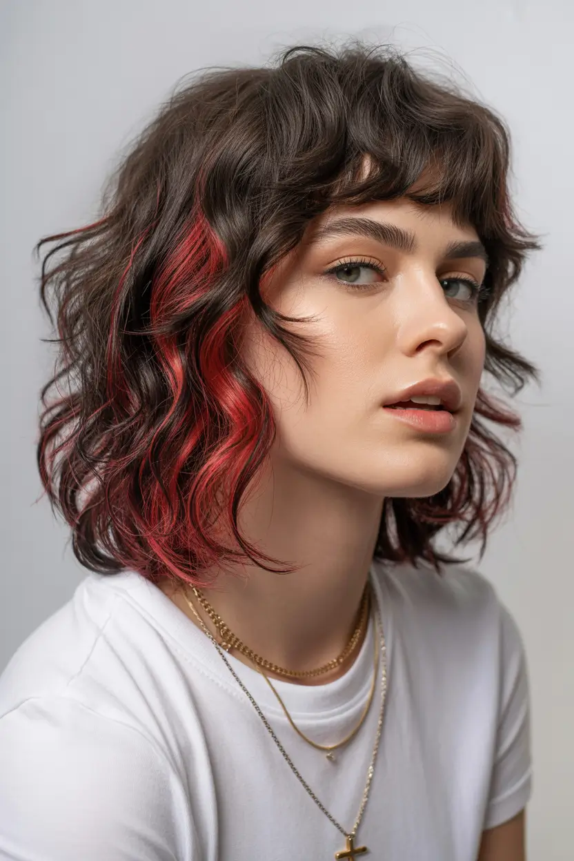 spring mid length haircut 2026 Dark Waves With Crimson Accents