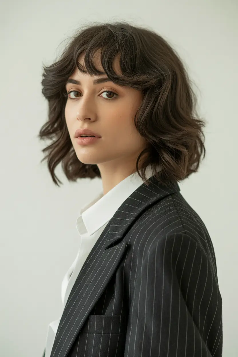 spring mid length haircut 2026 Polished Brunette Bob With Structured Shape