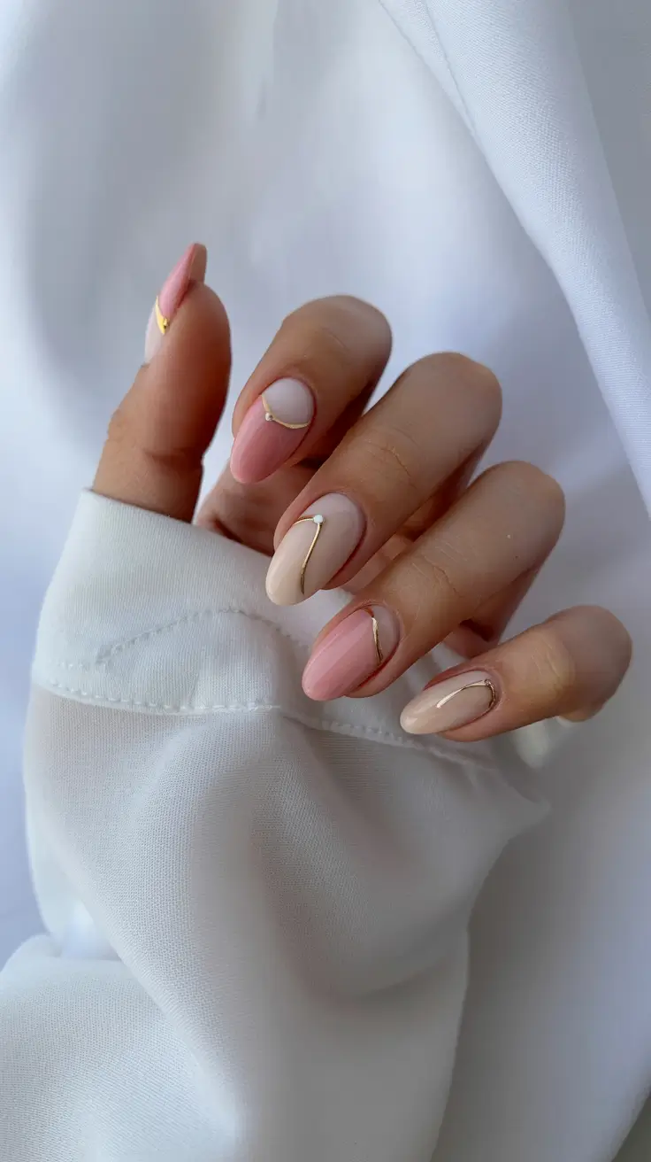 classy spring nails 2026 Almond Short in Blush and Cream with Gold Lines