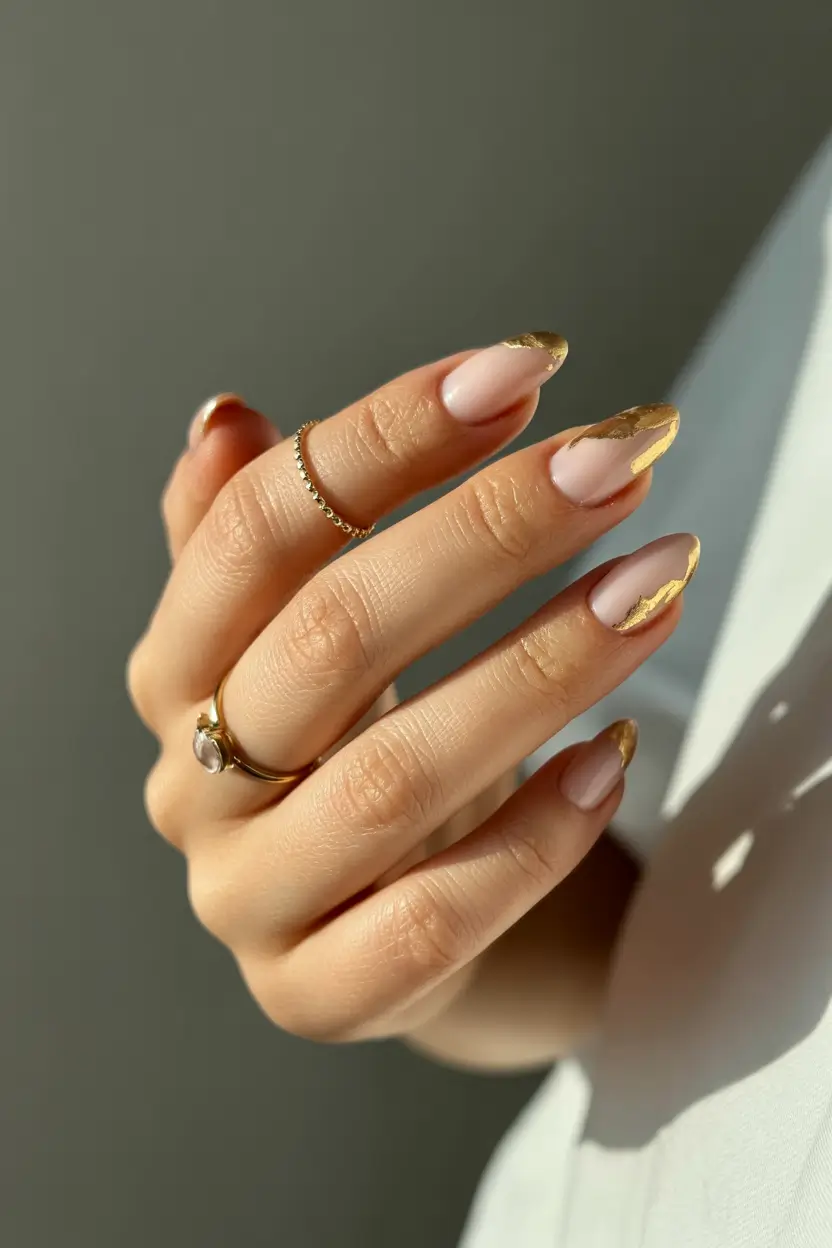 classy spring nails 2026 Almond Nude with Molten Gold Tips