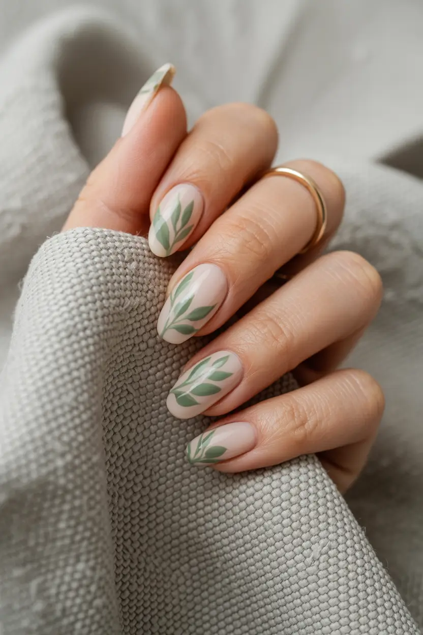 classy spring nails 2026 Almond Short with Soft Green Leaf Art