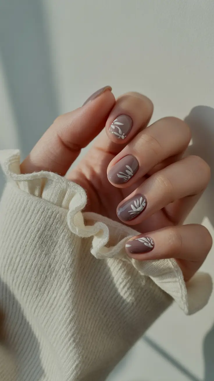 classy spring nails 2026 Short Square Mauve with White Botanical Detail