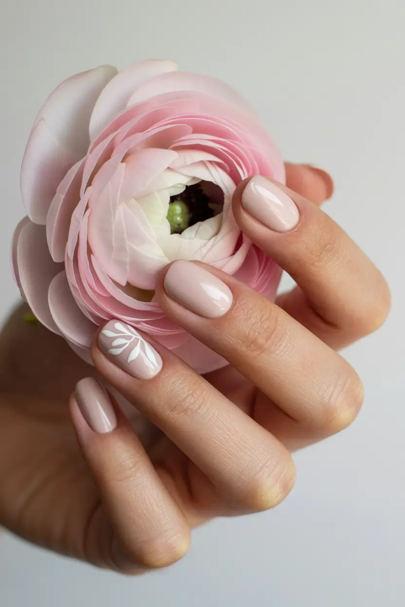 classy spring nails 2026 Minimal Floral Accent on Almond Pink