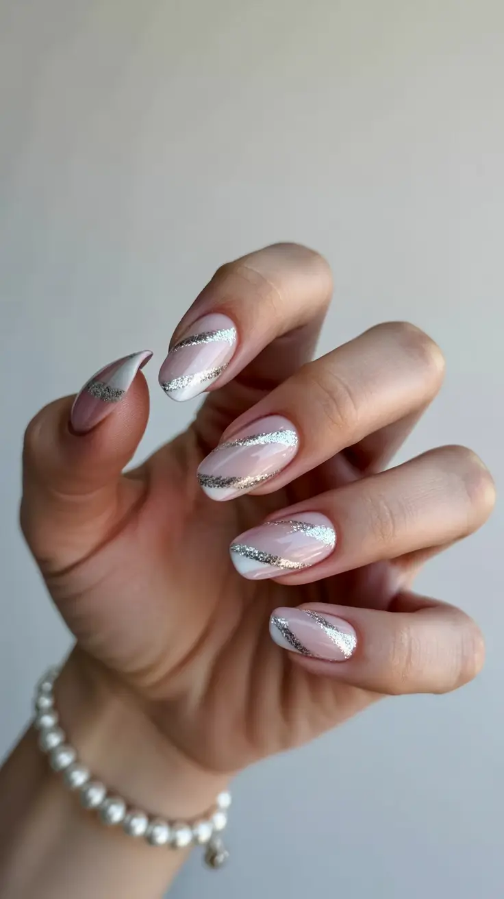 classy spring nails 2026 Almond French with Silver Swirl