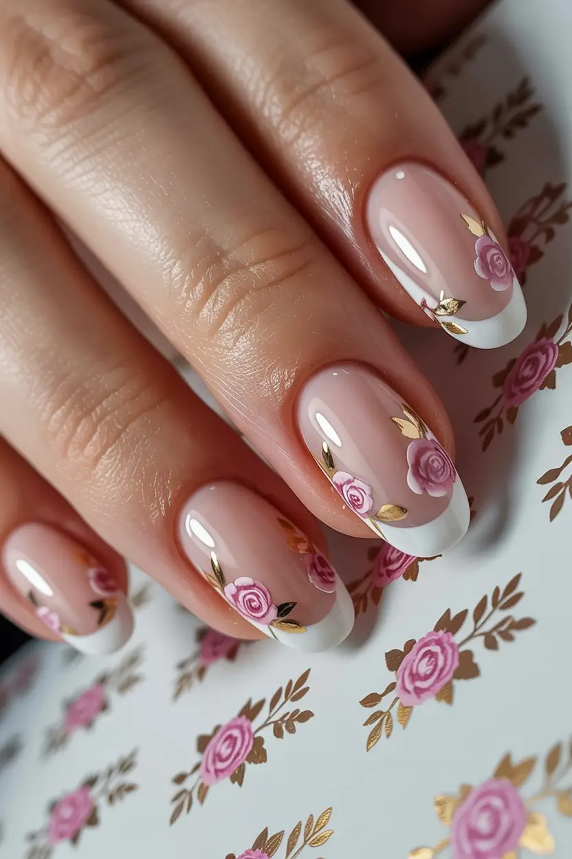 classy spring nails 2026 Classic Square French with Pink Rose Details