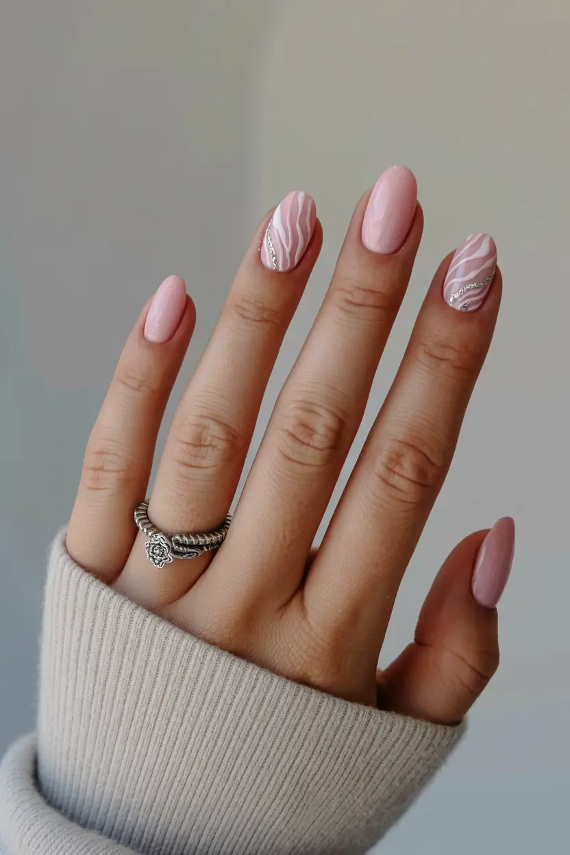 classy spring nails 2026 Minimal Pink Almond with Silver Waves