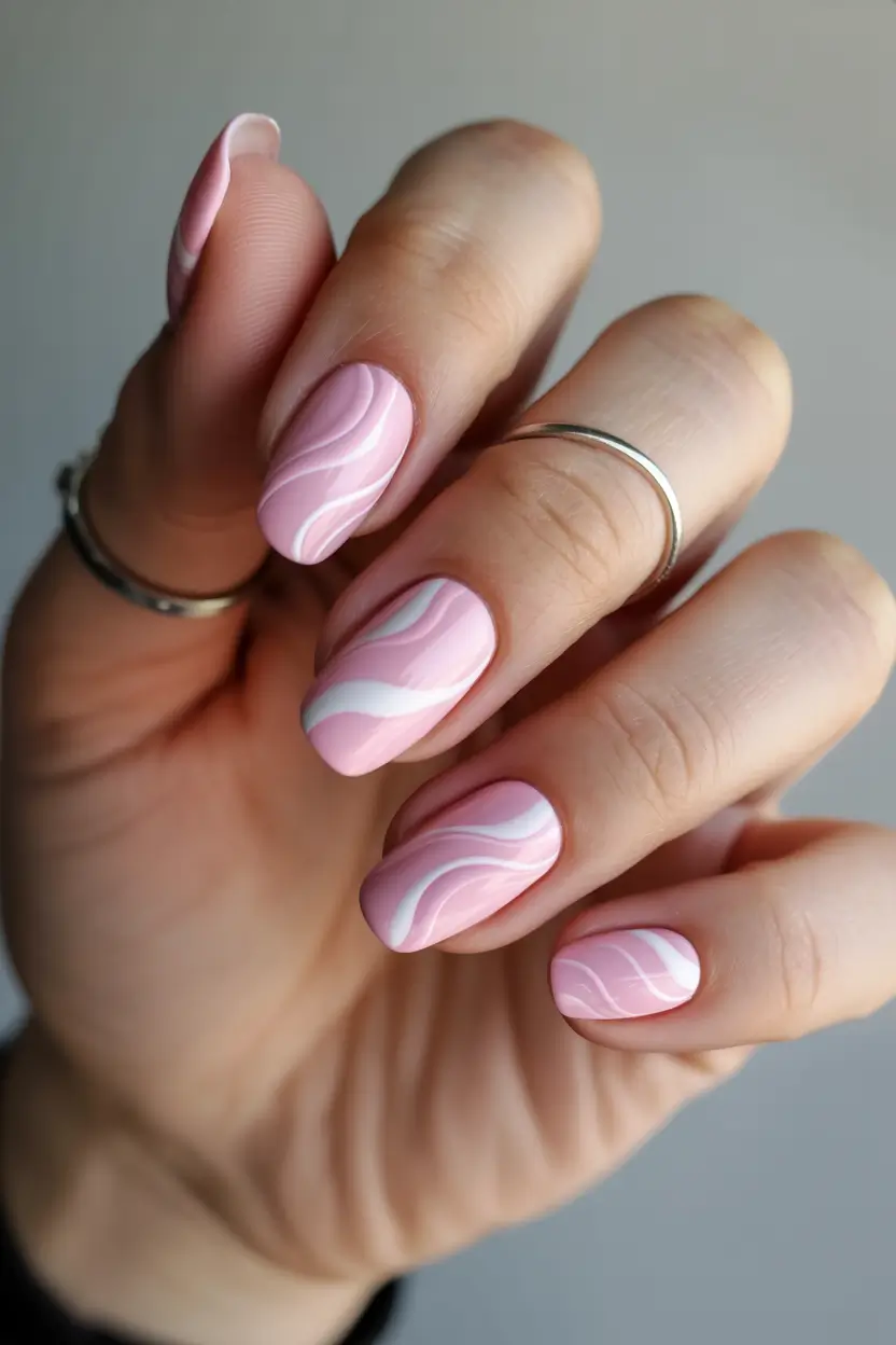 classy spring nails 2026 Almond Pink with Flowing White Waves