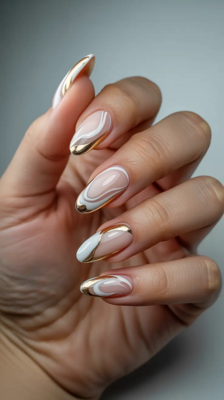 classy spring nails 2026 Almond French with White and Gold Swirls